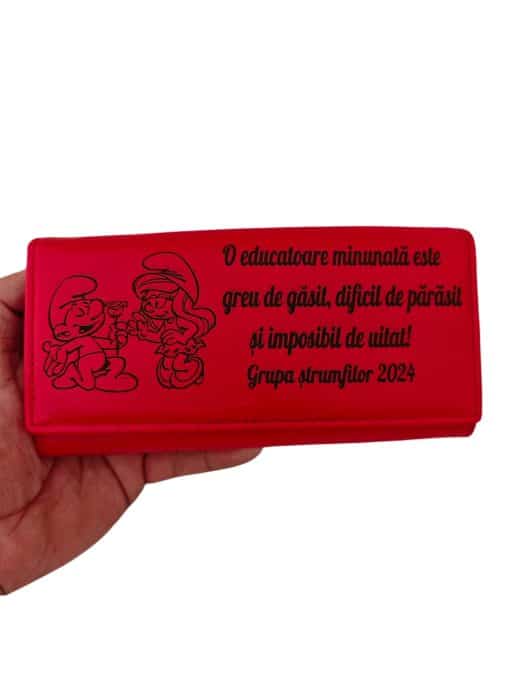 portofel dama rosu personalizat cu text Strumfi