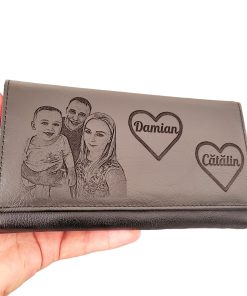 portofel dama piele naturala negru personalizat cu poza si 2 inimioare cu nume