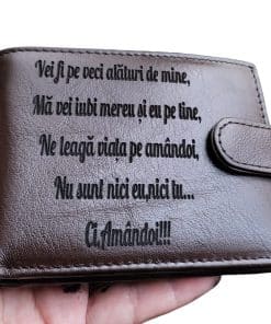 Portofel personalizat maro cu capsa Vei fi pe veci