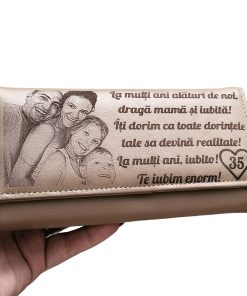 Portofel Personalizat dama, piele naturala, crem La multi ani