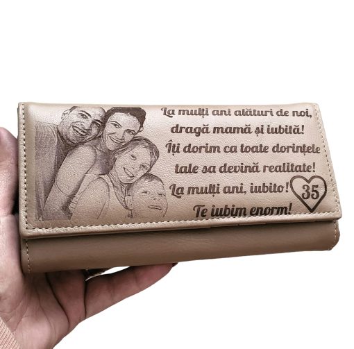 Portofel Personalizat dama, piele naturala, crem La multi ani