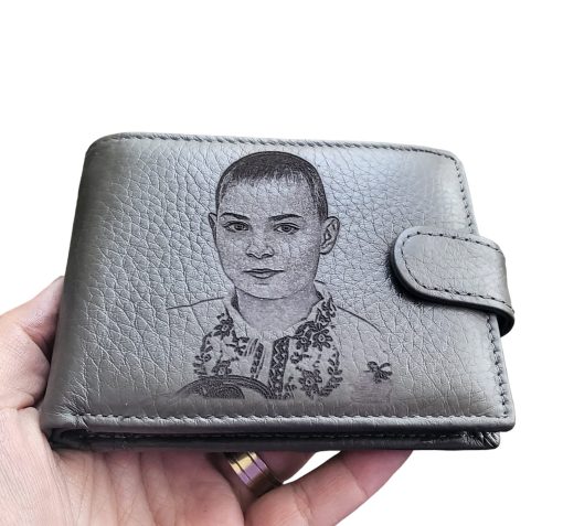 portofel piele naturala gri cu capsa Personalizat Cu Poza