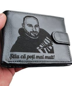 portofel personalizat negru cu poza si text Stiu ca poti