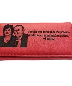 Portofel dama gravat piele naturala rosu Familia este locul!