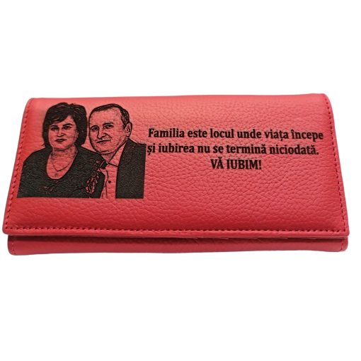Portofel dama gravat piele naturala rosu Familia este locul!