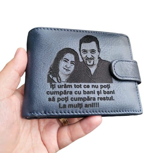 portofel albastru cu capsa piele naturala Iti uram La multi ani
