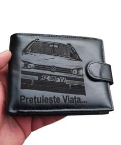 portofel negru cu capsa personalizat cu masina si text