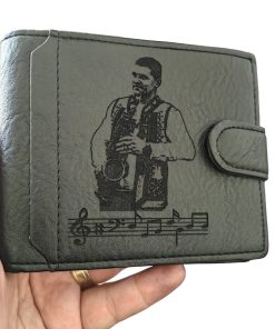 portofel negru cu capsa muzician saxofon