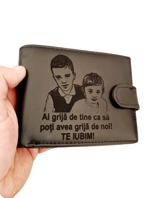 portofel piele naturala personalizat negru cu capsa ai grija de tine