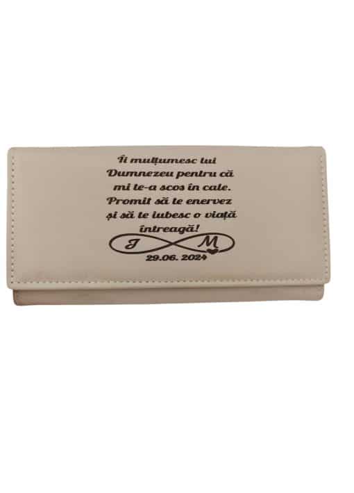 portofel dama beige personalizat cu text O viata intreaga