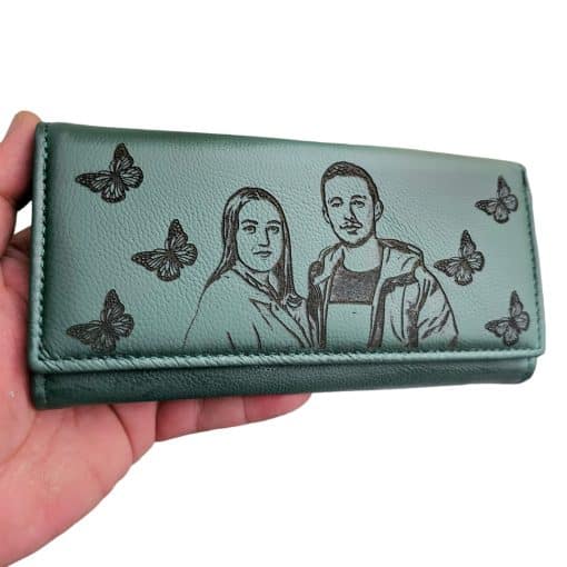 portmoneu dama verde personalizat cu poza si fluturasi