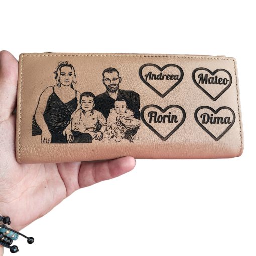 portofel dama piele naturala cream personalizat cu inimioare si nume