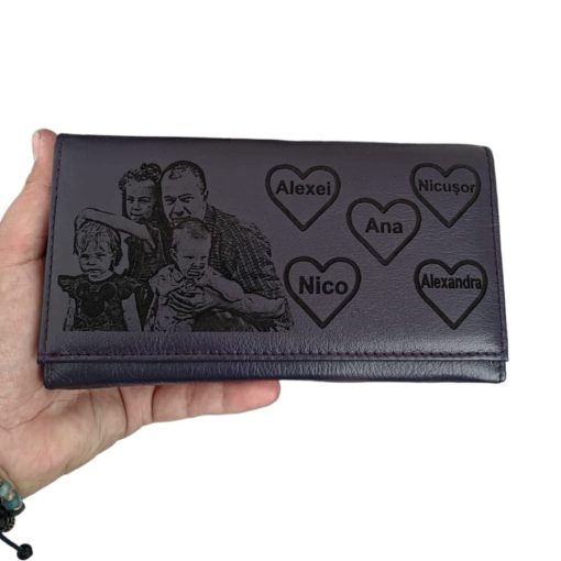 portofel dama mov personalizat cu poza si inimioare