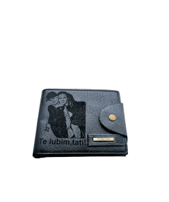 Portofel Personalizat cu poza e2, barbati, piele , cu capsa, negru