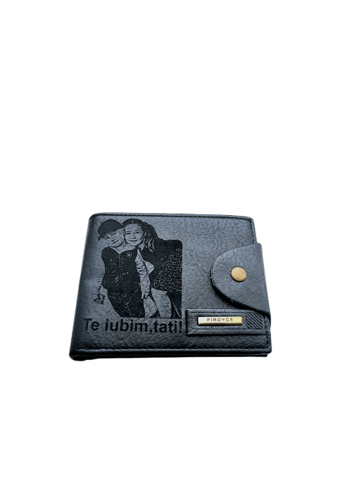 Portofel Personalizat cu poza e2, barbati, piele , cu capsa, negru