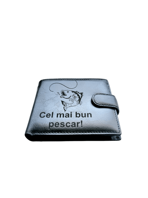 Portofel Personalizat 'Cel mai bun pescar', barbati, piele naturala, negru