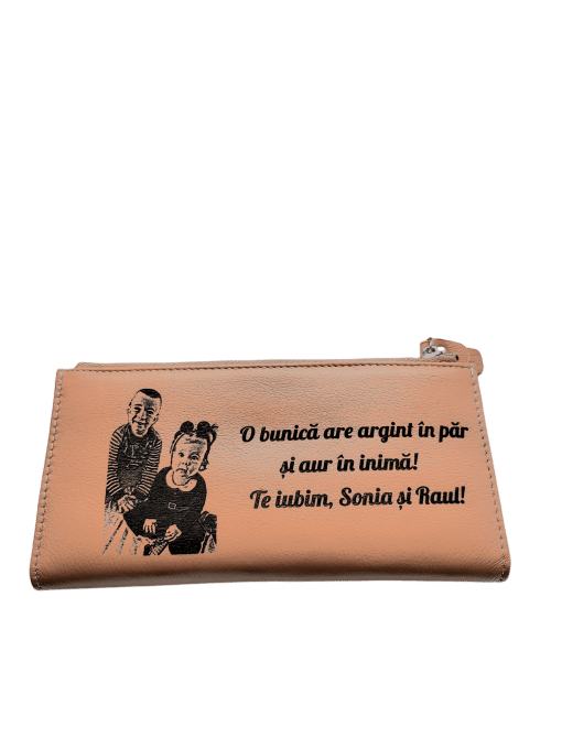 Portofel Personalizat 'O bunica', dama, piele naturala, maro