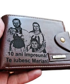 Portofel Personalizat '10 ani impreuna', barbati, piele, cu capsa, maro