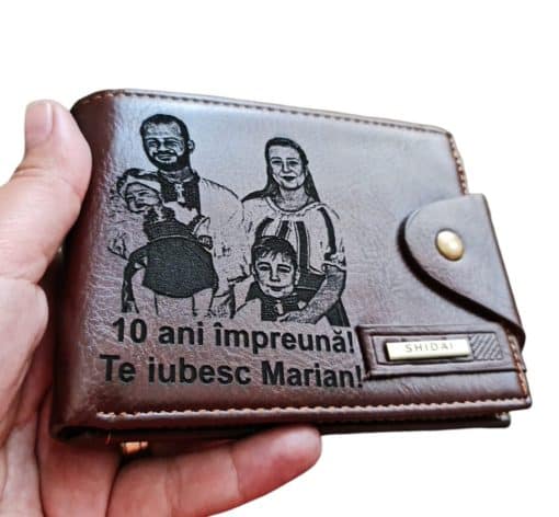 Portofel Personalizat '10 ani impreuna', barbati, piele, cu capsa, maro