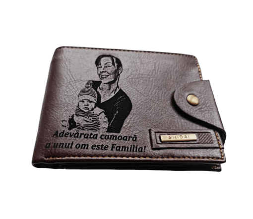 Portofel Personalizat 'Adevarata comoara', barbati, piele , cu capsa, maro