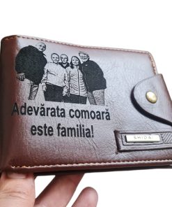 Portofel Personalizat 'Adevarata comoara este familia', barbati, piele, cu capsa, maro