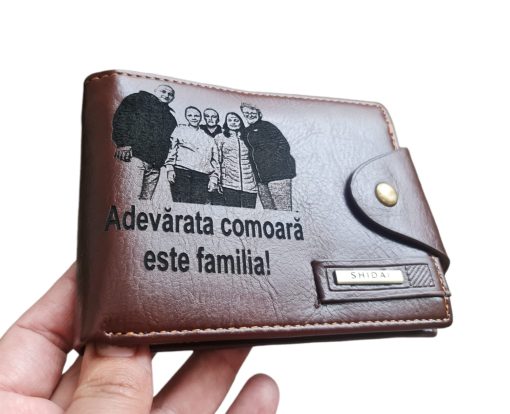 Portofel Personalizat 'Adevarata comoara este familia', barbati, piele, cu capsa, maro