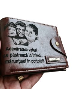 Portofel Personalizat 'Adevaratele valori 2', barbati, piele , cu capsa, maro