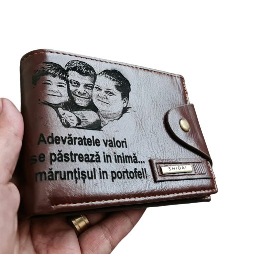 Portofel Personalizat 'Adevaratele valori 2', barbati, piele , cu capsa, maro