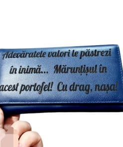 Portofel Personalizat 'Adevaratele valori', dama, piele naturala, albastru