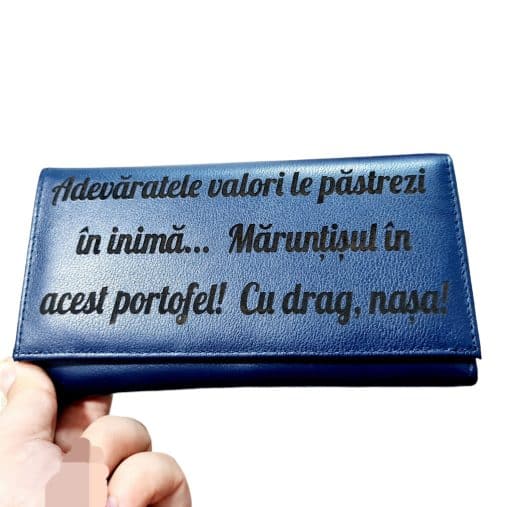 Portofel Personalizat 'Adevaratele valori', dama, piele naturala, albastru