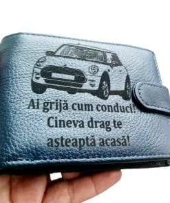 Portofel Personalizat 'Ai grija cum conduci', barbati, piele naturala, cu capsa, albastru