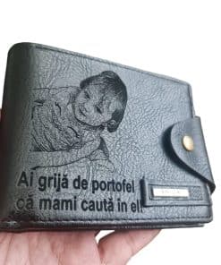 Portofel Personalizat 'Ai grija de portofel', barbati, piele , cu capsa, negru