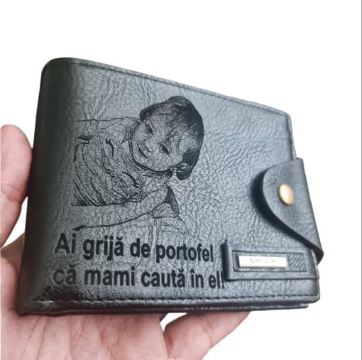 Portofel Personalizat 'Ai grija de portofel', barbati, piele , cu capsa, negru
