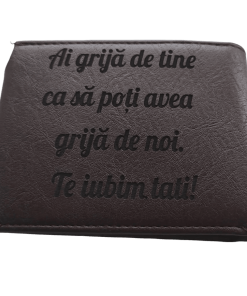 Portofel Personalizat 'Ai grija de tine', barbati, piele , cu capsa, maro