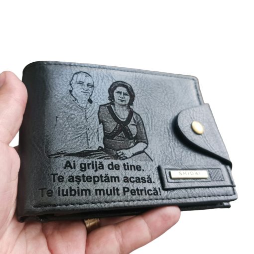 Portofel Personalizat 'Ai grija de tine 3', barbati, piele , cu capsa, negru