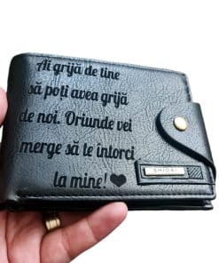 Portofel Personalizat 'Ai grija de tine 4', barbati, piele , cu capsa, negru