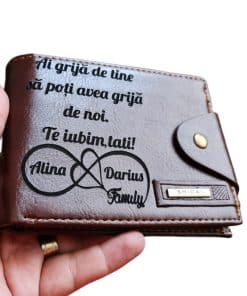 Portofel Personalizat 'Ai grija de tine 5', barbati, piele , cu capsa, maro