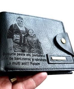 Portofel Personalizat 'Bucurie peste ani', barbati, piele , cu capsa, negru