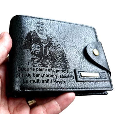 Portofel Personalizat 'Bucurie peste ani', barbati, piele , cu capsa, negru