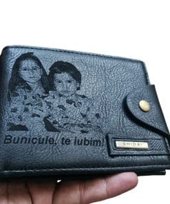 Portofel Personalizat 'Bunicule, te iubim', barbati, piele , cu capsa, negru