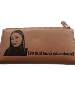 Portofel Personalizat 'Cea mai buna educatoare', dama, piele naturala, maro