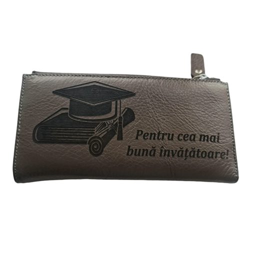 Portofel Personalizat 'Cea mai buna invatatoare', dama, piele naturala, maro