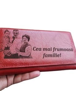 Portofel Personalizat 'Cea mai frumoasa familie', dama, piele naturala, rosu