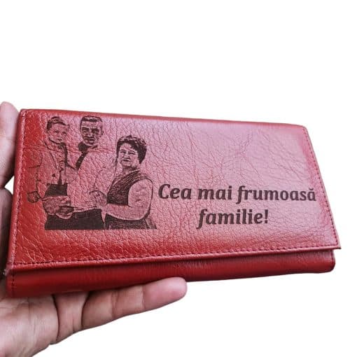 Portofel Personalizat 'Cea mai frumoasa familie', dama, piele naturala, rosu