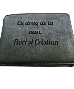 Portofel Personalizat 'Cu drag de la nasi', barbati, piele , cu capsa, negru
