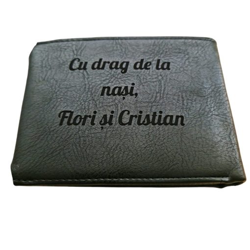 Portofel Personalizat 'Cu drag de la nasi', barbati, piele , cu capsa, negru
