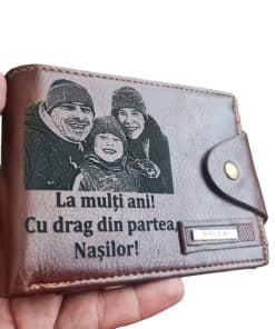 Portofel Personalizat 'Cu drag din partea Nasilor', barbati, piele , cu capsa, maro