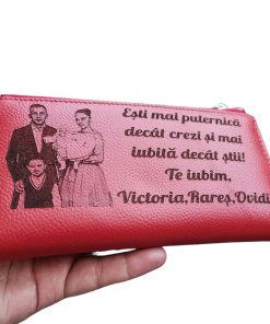 Portofel Personalizat 'Esti mai puternica', dama, piele naturala, rosu