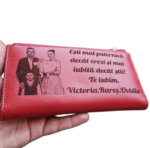 Portofel Personalizat 'Esti mai puternica', dama, piele naturala, rosu