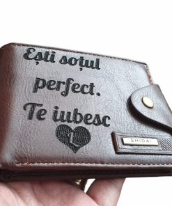 Portofel Personalizat 'Esti sotul meu', barbati, piele , cu capsa, maro